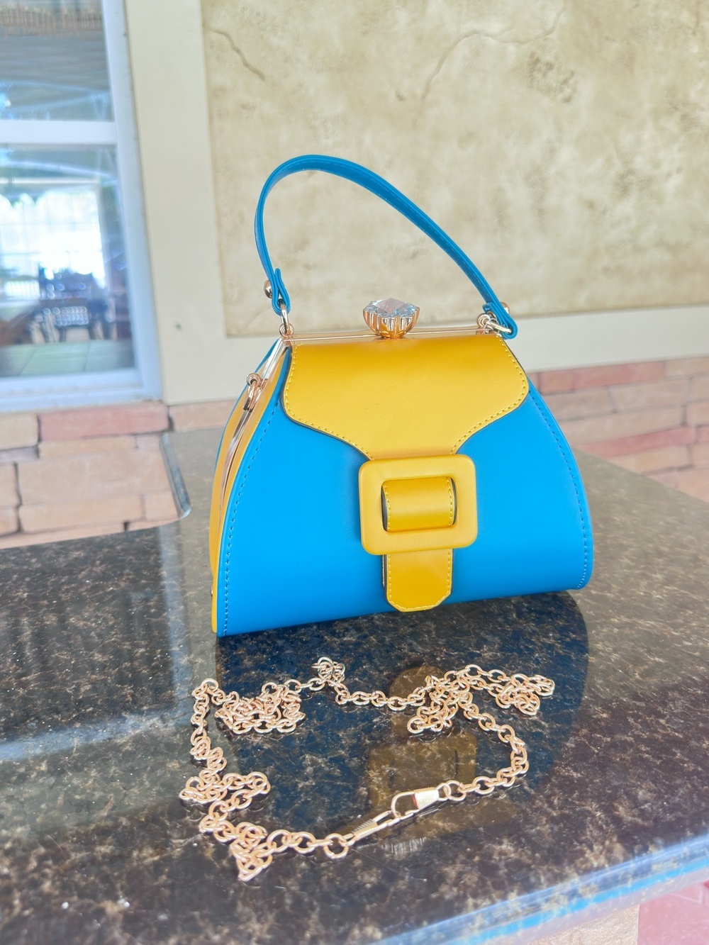 Accessorize Blue Yellow Top Handle Crossbody Bag Crystal Clasp - Picture 9 of 16